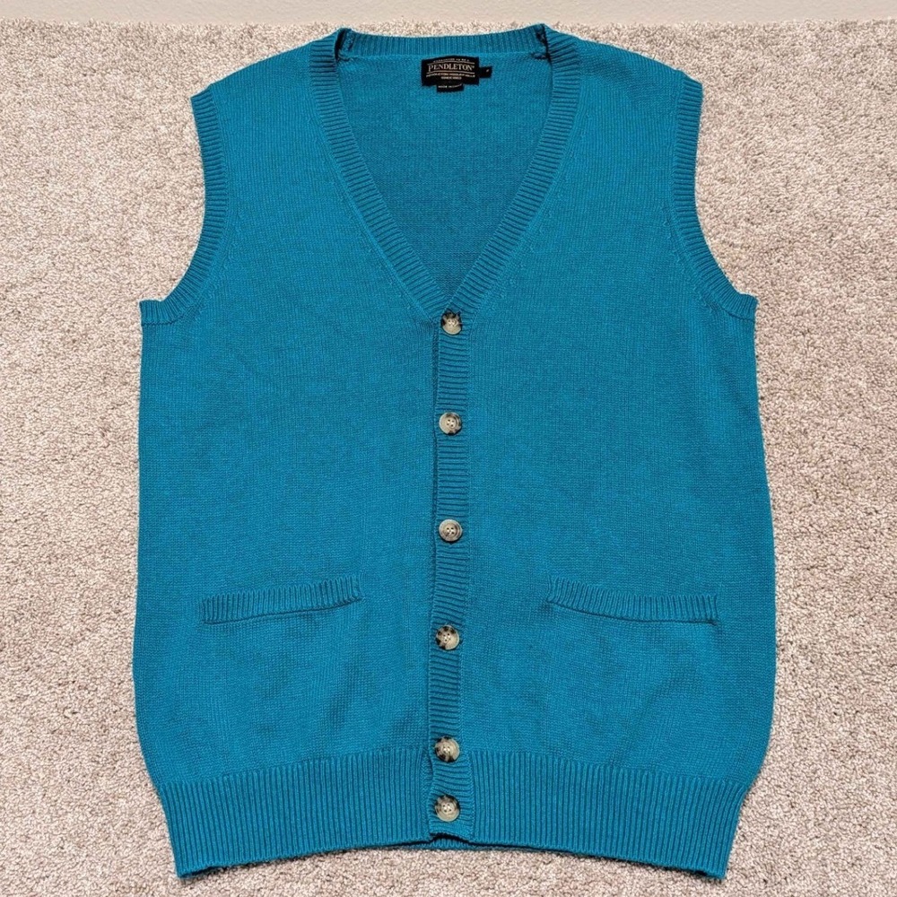 Pendleton Mens Teal Blue Cotton Cashmere Button Front‎ V-Neck Sweater Vest Small